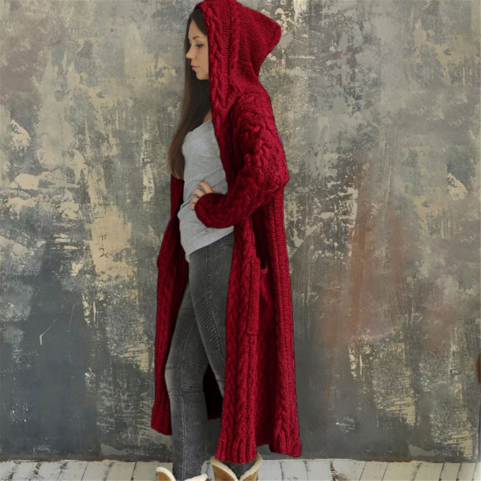 Thicken Warm Red Green Long Hooded Cardigan Sweater Jackets Autumn Winter Warm Soft Comfortable Knitted Sweaters Jackets