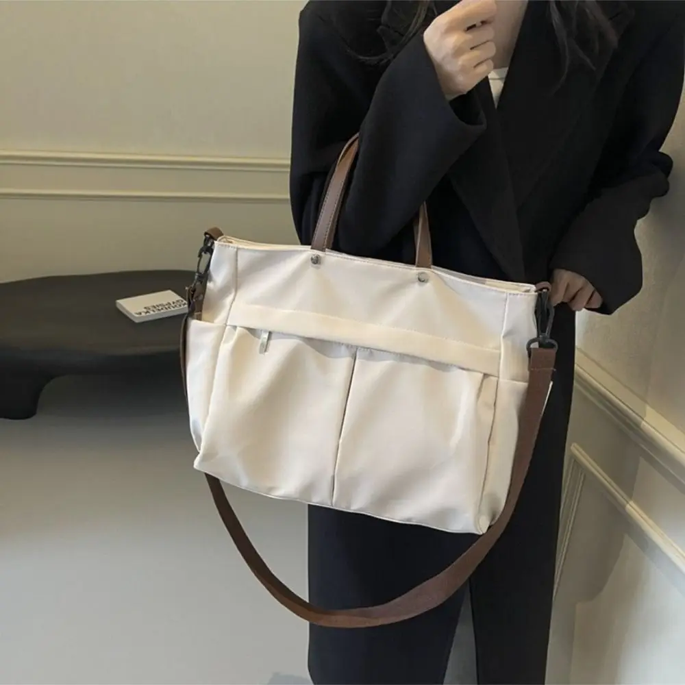 Practical Nylon Women Shoulder Bag Solid Color Two Pockets Crossbody Bags Casual Style Large Capacity Tote Bag Office