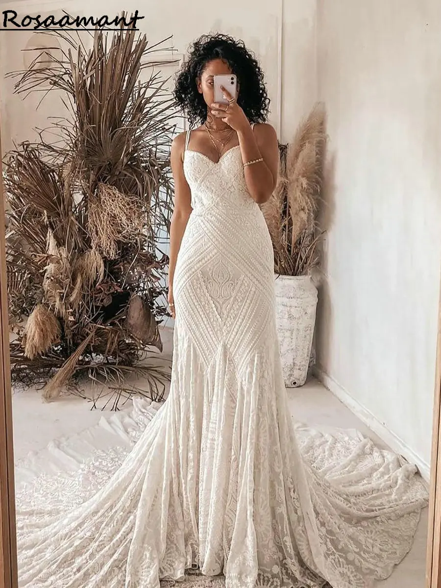 Vestidos de novia bohemios con apliques de encaje, traje de sirena con tirantes finos y espalda descubierta