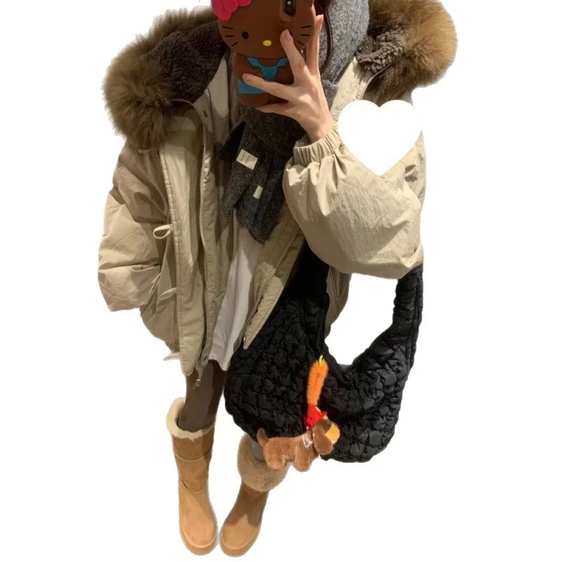 코너 버튼 패딩 코트 여성용 겨울 신상 루즈핏 빅 퍼 칼라 패딩 재킷 스몰 코트