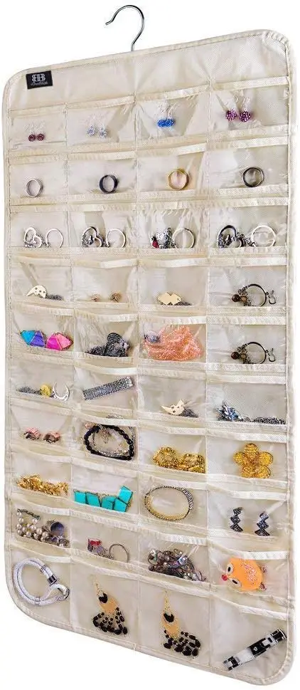 80 Pocket Hanging Jewelry Organizer Beige