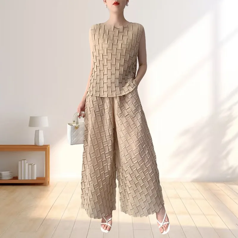  Handmade Pleated Set Women Summer New Sleeveless Vest Top Flared Pants Comfortable Casual Loose Large Size with Stretchy