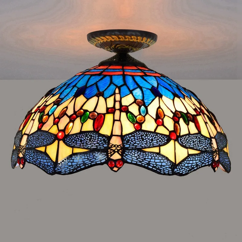 

Modern Tiffany Round Yellow Bottom Dragonfly Colored Glass Ceiling Lamp Living Room Bedroom Home 220W Luxury LED Ceiling Lamp