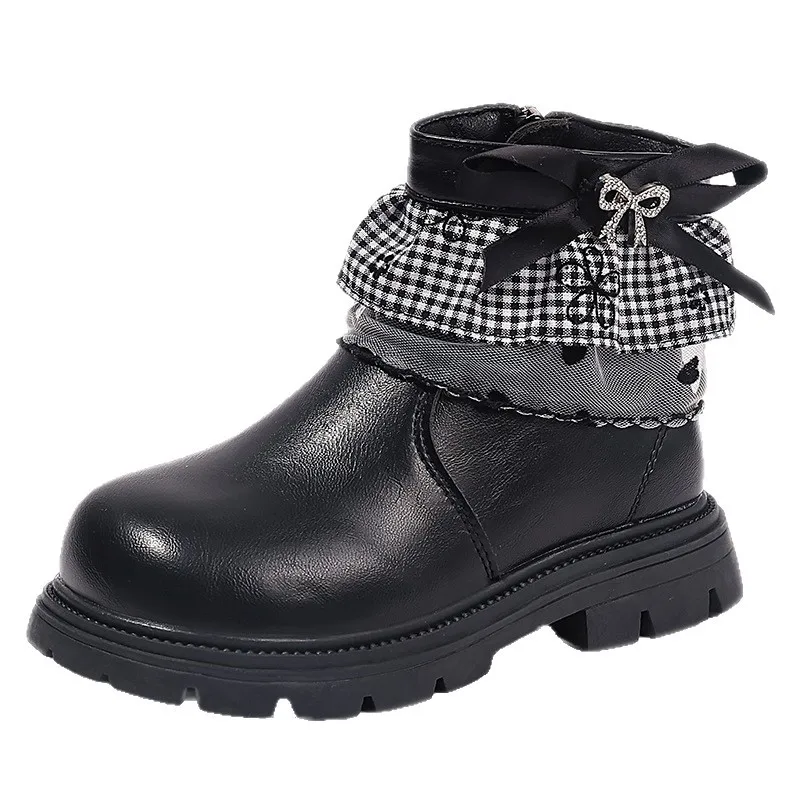 Girls Winter Plaid Lace Bow Warm Cotton Lined Leather Short Ankle Boots Toddler Little Big Kids Non Slip Soft Sole Casual Shoes