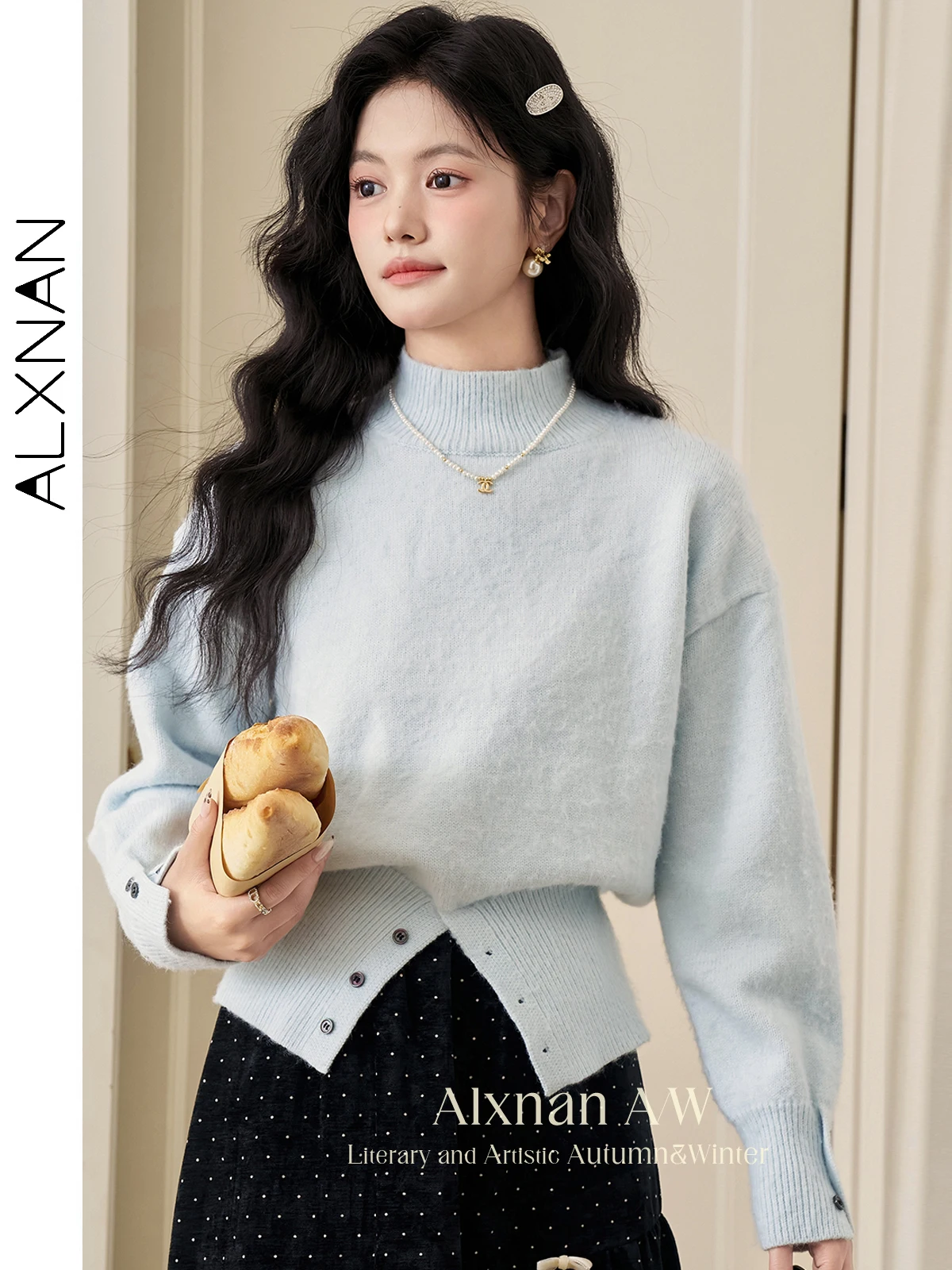 ALXNAN Women's Light Green Sweater Trendy Half Placket Gentle Turtleneck Long Sleeve Autumn Winter Warm Soft Loose Jumper L51332