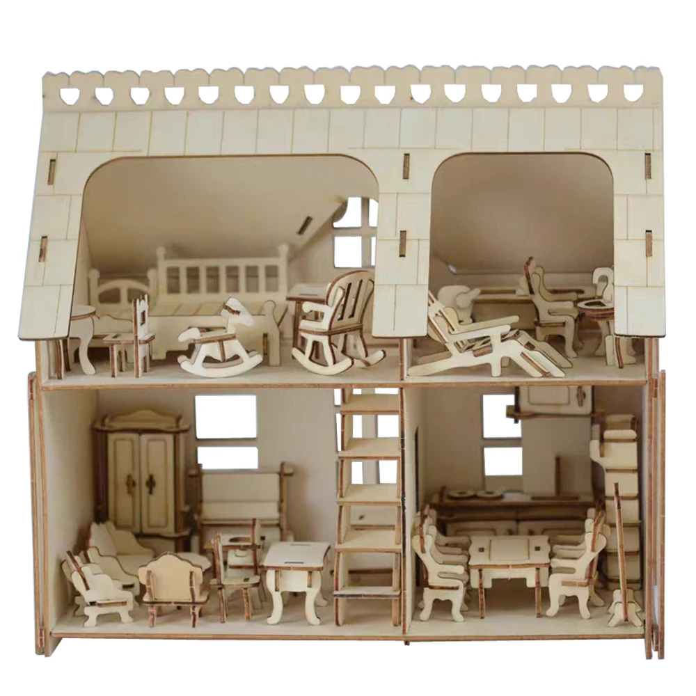 Wooden 3D Puzzle Miniature Furniture Dollhouse Villa House Model DIY Assembled Educational Pretend Play Toys For Children Girls