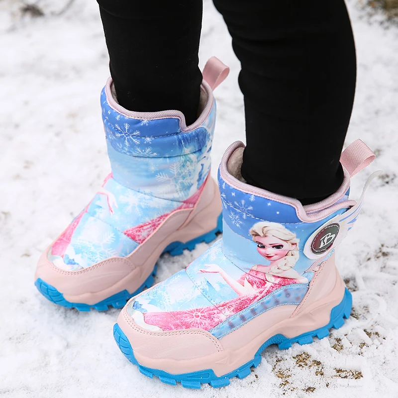 Sepatu Anak-anak Musim Dingin Putri Disney Elsa Sepatu Anak Perempuan Anti-selip Kain Mewah Sepatu Bot Salju Sol Karet Sepatu Bot Luar Ruangan Hangat Modis