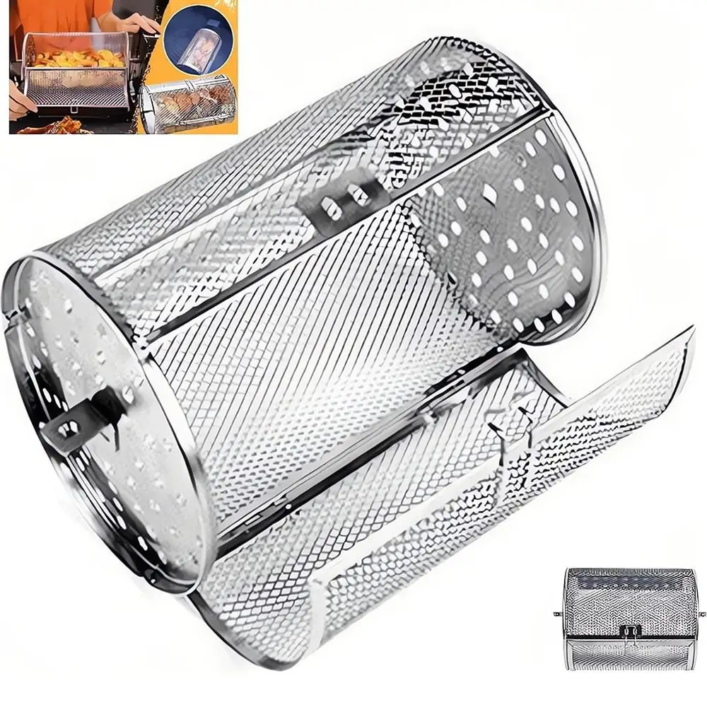 Durable Stainless Steel Rotating Grill Cylindrical Automatic Roasting Rack Roaster Drum Oven Basket Air Fryer Accessories