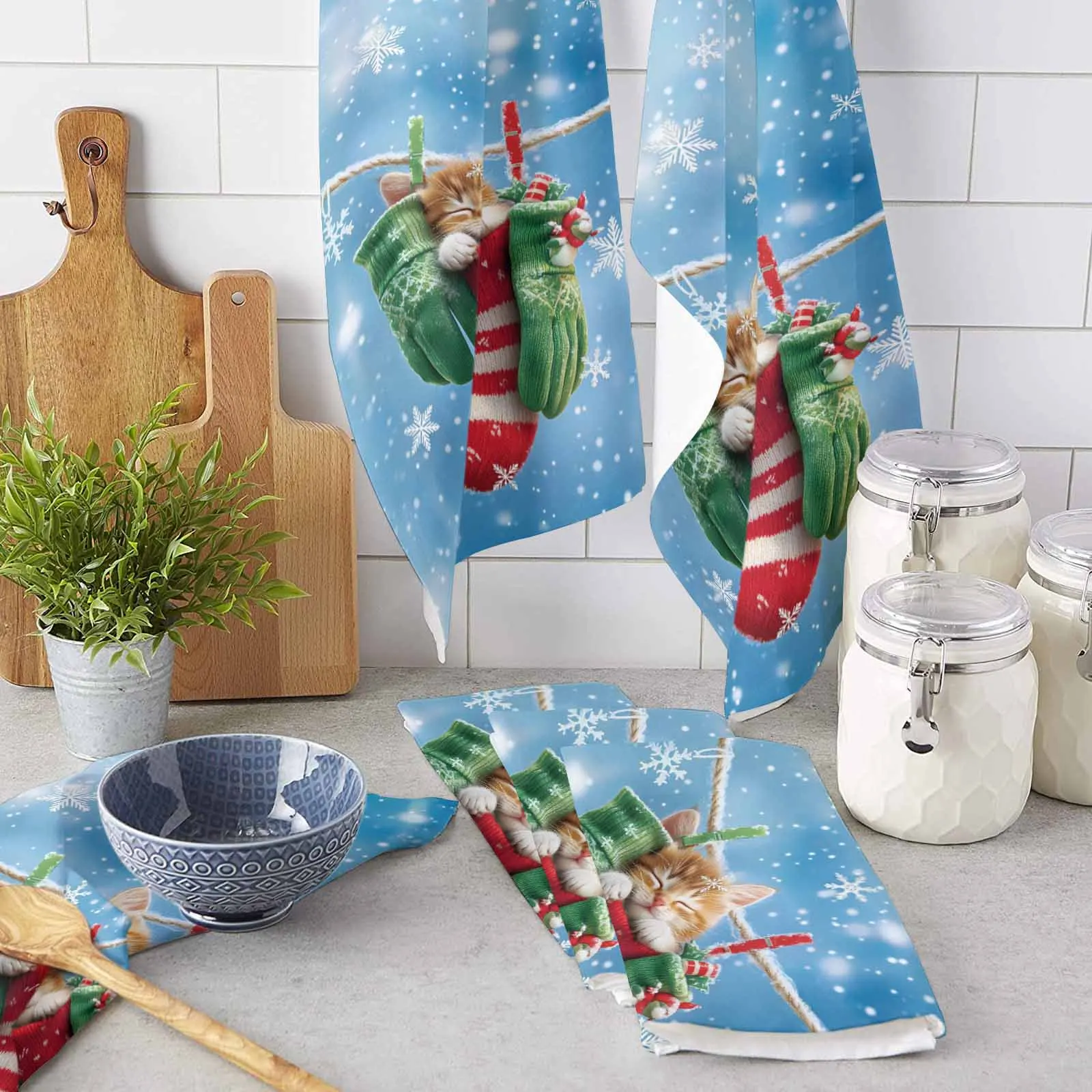 Cartoon Star Cat Christmas Socks Snowflake Printed Tea Hand Towel Kitchen Dishcloth Water Absorption Household Cleaning Cloth