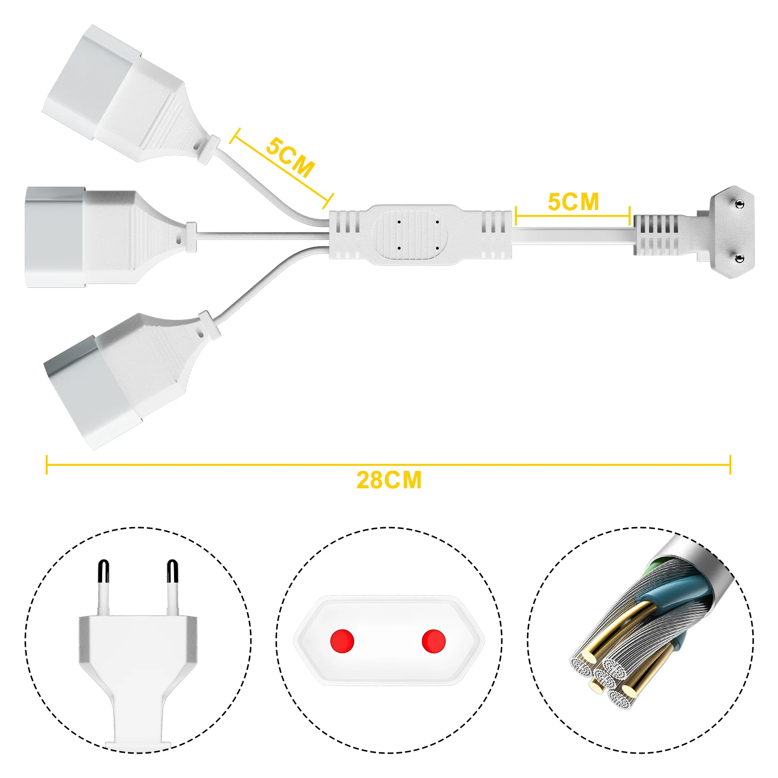 EU 90 Degree Male to Female Power Extension Cable, 3 Ways AC Outlet Extension Cord Socket Type C Power Splitter Cable for PC