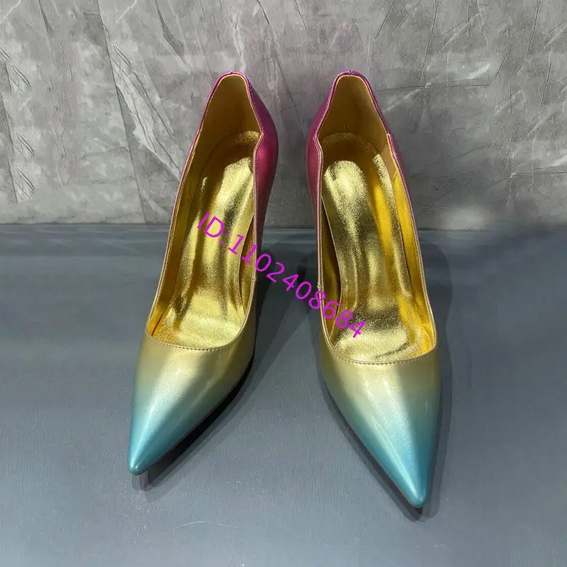 Design Women Bright Gradient Color Pointed Toe Stiletto High Heels Sexy Lady High Heel Pointy Shining Fade Color Stilettos