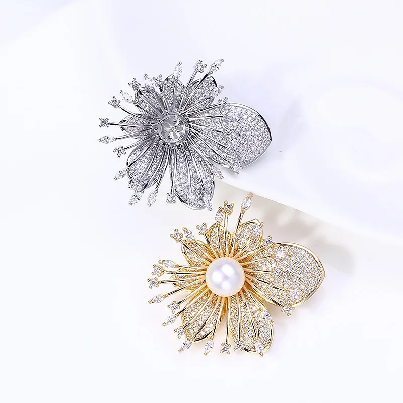 

DIY Copper Gold Plated Inlaid Pattern Zircon Pearl Brooch Blank Base, Trendy Corsage Jewelry Findings For Women