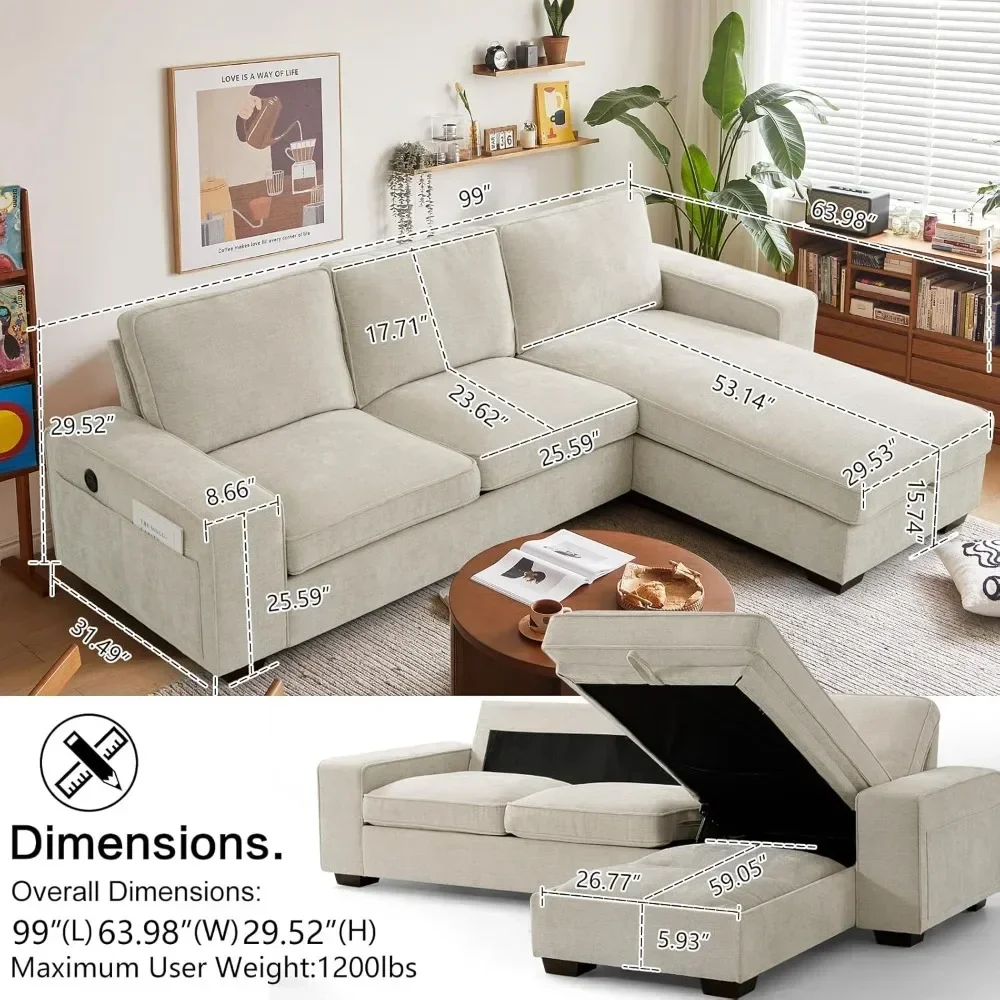 Convertible Sectional Sofa,L Shaped Couch,Multi-Functional Reversible Sofa with USB and Type-C Charging Ports, Storage Space