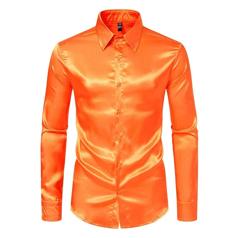 Camicia alla moda in raso da uomo primaverile e autunnale Camicia casual comoda con colletto a maniche lunghe alla moda in tinta unita con viso luminoso