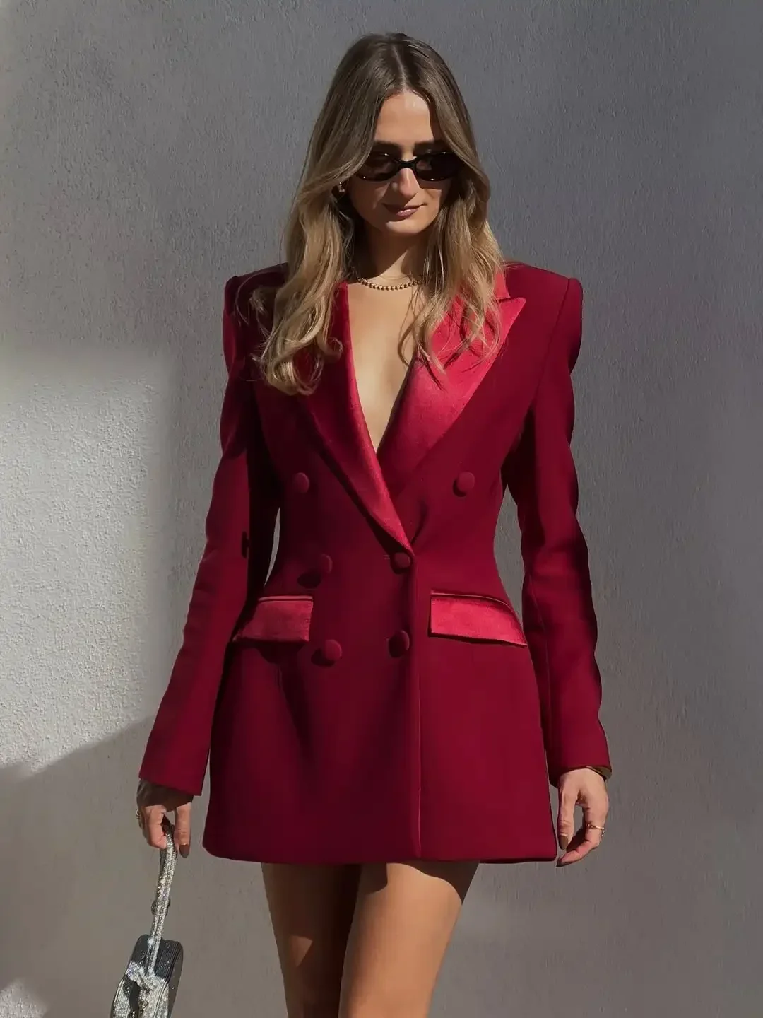 Abito da donna mini blazer a maniche lunghe con vita stretta Chic doppio petto in raso patchwork abiti corti 2026 Abito da donna primaverile quotidiano