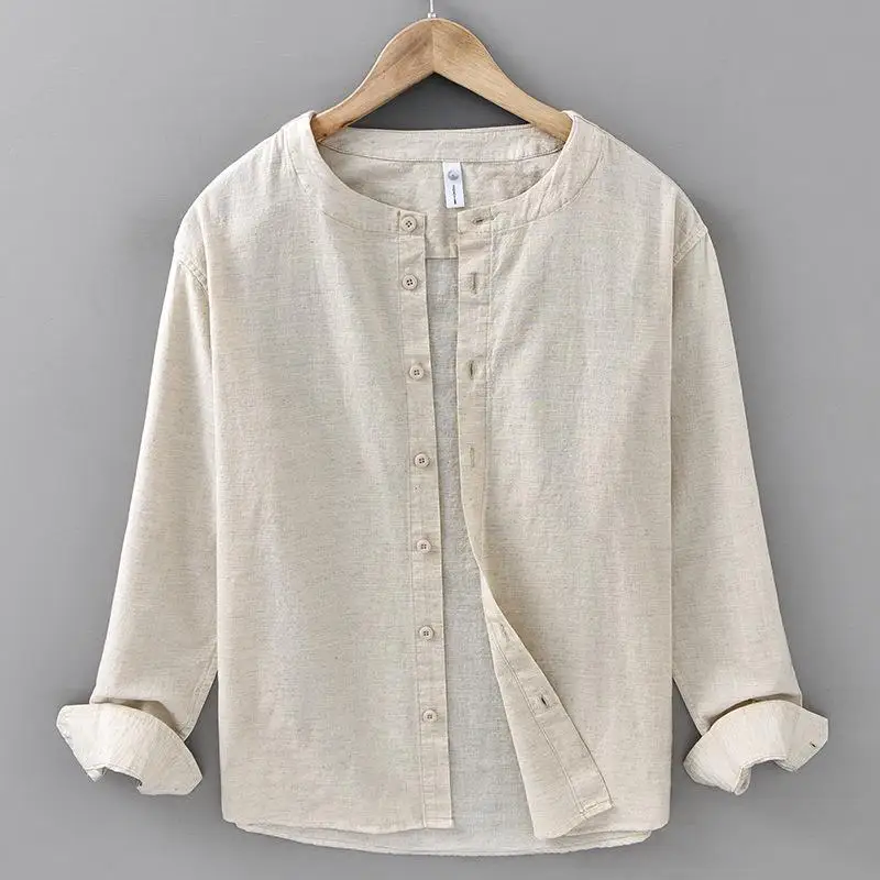 

Men's Linen Long Sleeve Shirt round Neck Cotton Linen Pocket Design Casual Comfortable Breathable Summer Fashion Inner Wear