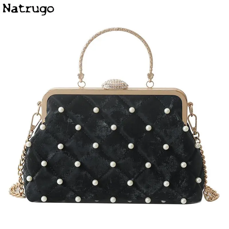 Elegant Velvet Female Pearl Handbag Vintage 2024 New Fashion Cocktail Party Evening Bag Wedding Party Bride Clutch Bag Purse