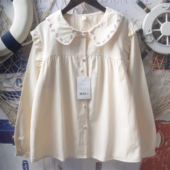 Japanese Sle Loose Cotton Long Sve Embroidered Flower Doll Collar irt Fre Soft Girl Forest Girl Wind Top for Girls