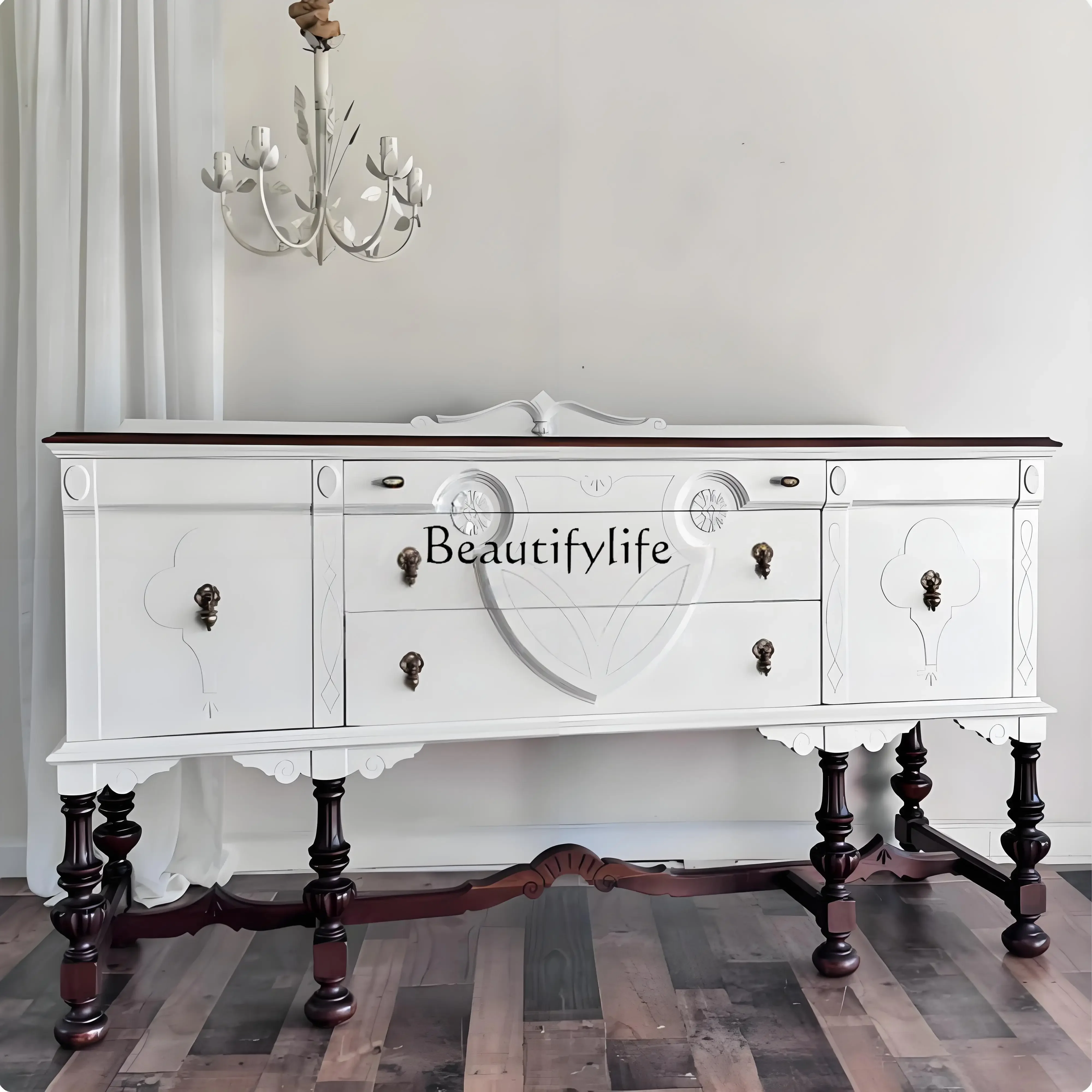 

YJ39French Retro Sideboard American Living Room Decoration Modern Minimalist Style Entryway Cabinet Solid Wood Carved Furniture