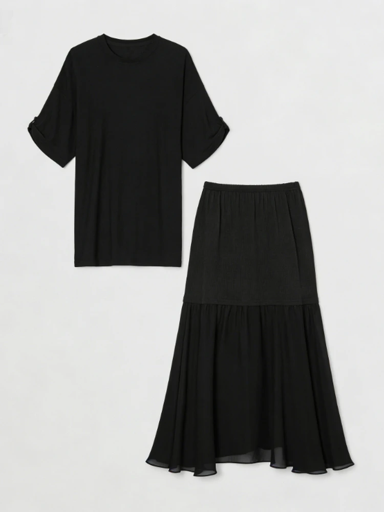 

plus Size Women's Cotton Linen Long T-Shirt Skirt Set Loose Fit Summer Breathable Splice Daily Wear Comfortable round Neck ...