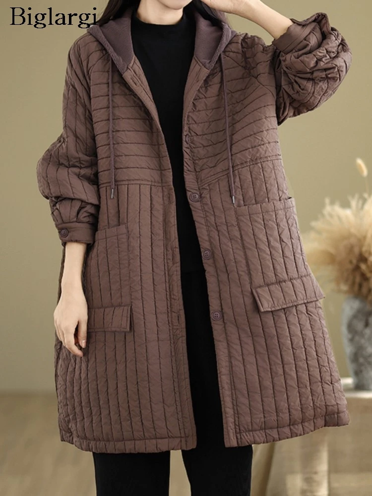 Oversized Autumn Winter Hooded Padded Cotton Coat Women Loose Pleated Fashion Ladies Jackets Long Sleeve Casual Woman Midi Coats