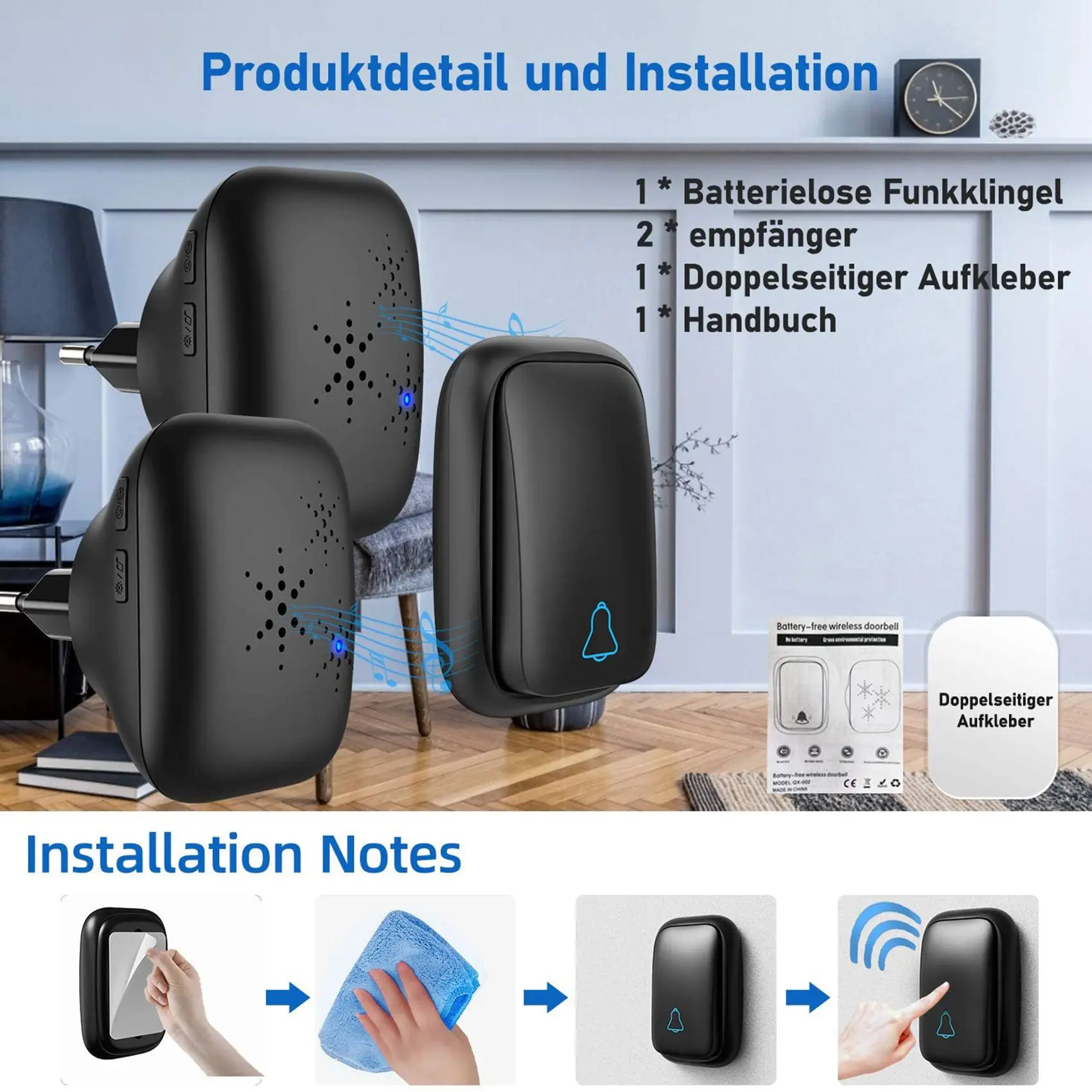 Waterproof -Powered Button Smart Door Sets Home Outdoor Receiver EU Plug Black