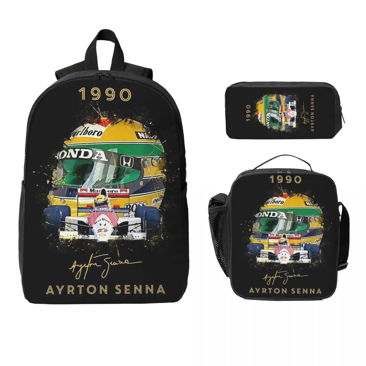 アイルトン・セナ-レーシングカー-バックパック-学生-男の子-女の子-ブックバッグ-スクールバッグ-ラップトップ-ショルダーバッグ-3ps-断熱ランチバッグ-鉛筆ケース
