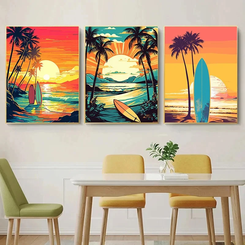 Vintage Surf Board Posters Prints Abstract Sea Beach，sunrise, Sunset, Surfboard Retro Canvas Painting Wall Art Home Decor Mural