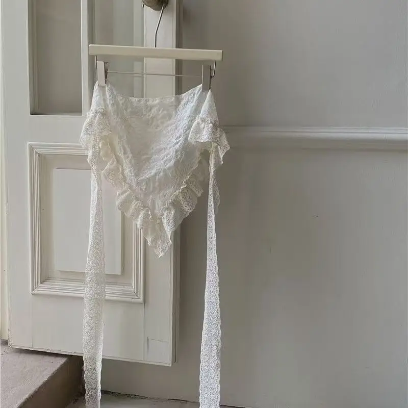Lace Ruffled Tie-on Hip Cover Triangular Design Heavy Embroidery Headband Versatile Fashion Skirt Scarf for Layering & Styling