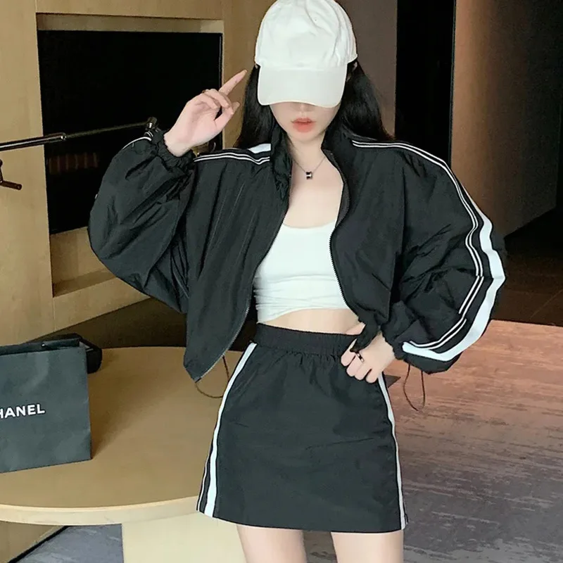 Y2K Two Piece Dress Set Women Side Striped Sun-Proof Sweatshirt Fashion Casual Bustirer Skirt Shirring Harajuku Streetwear