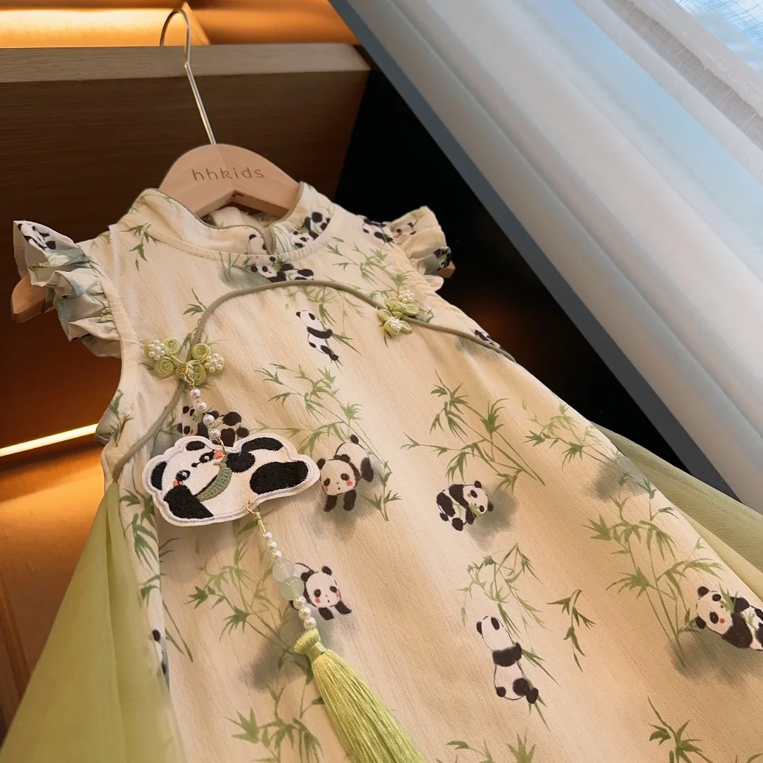 Girls\' Summer Dress 2024 New Baby Chinese Style Cheongsam Dress Little Girls Hanfu Children\'s Mesh Princess Dress