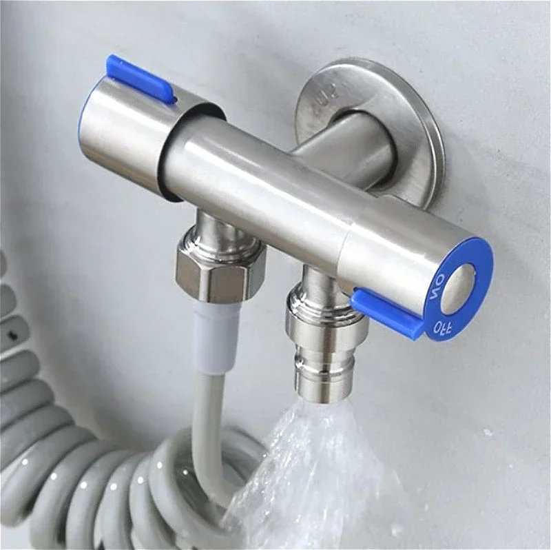

Valve Core Toilet Tap 304 Stainless Steel Angle Valve One Inlet Two Outlets Dual Control Switch, Brushed Chrome Finish