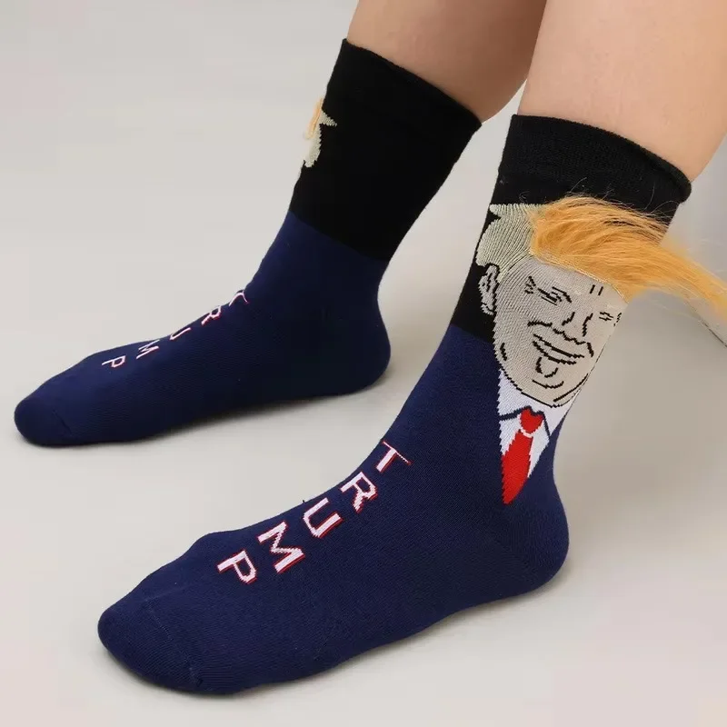 Trump Socks With Hair Trump Face Compression Socks Novelty Funny Wig Socks Fashion Street Style Socks for Outdoor Sports