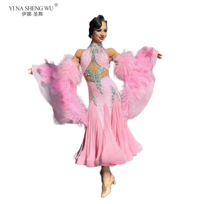 모던 댄스 공연 의상 여성 맞춤형 시니어 AB 스톤 피쉬테일 드레스+고급 깃털 소매 볼룸 댄스 드레스
