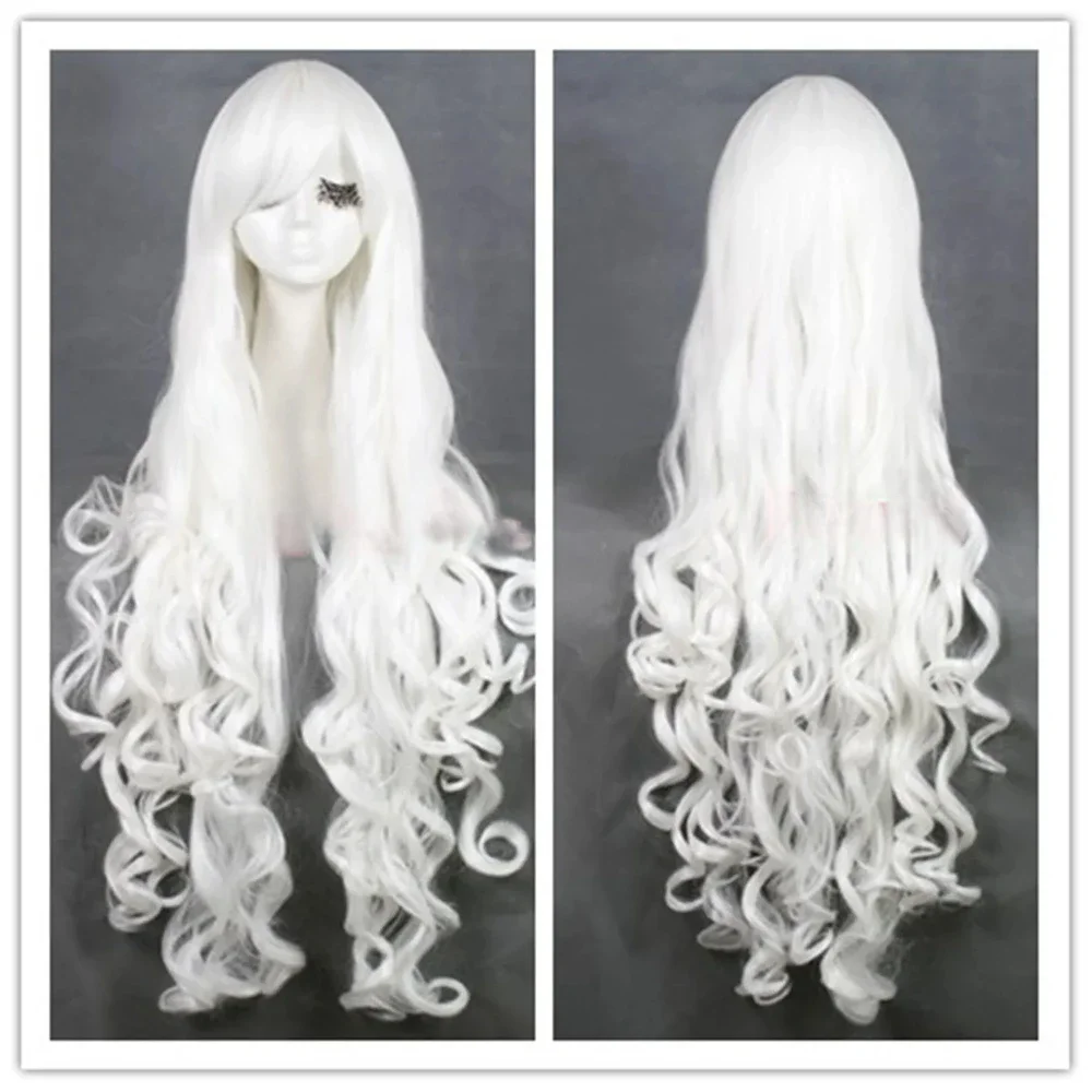 

80cm Long White Curly Wave Women's Obique Bangs Hair Cosplay Party Wig