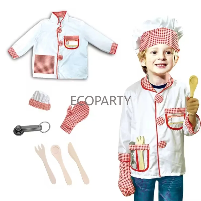 7 Pcs Set Cooking Set Chef Career Day Kitchen Role play Uniform Cooking Costume Children  Master Chief Costume  For Kids