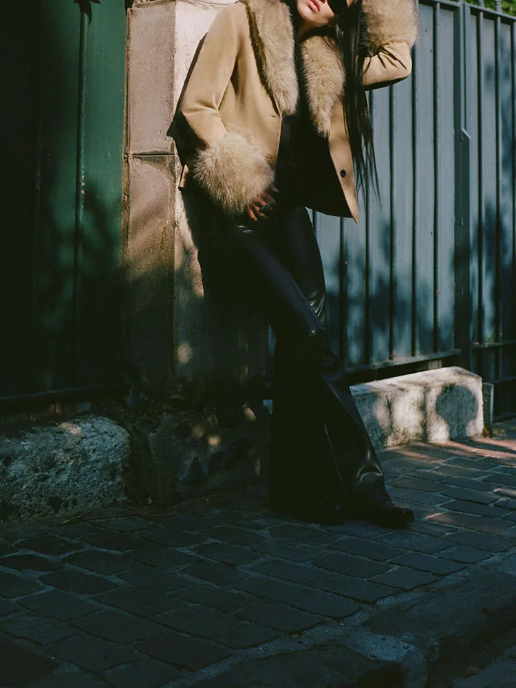 

Faionable Low Waist Faux Leather Knot Flared Pants Women's New Arrival Winter 2025 Slim Fit Long Trousers