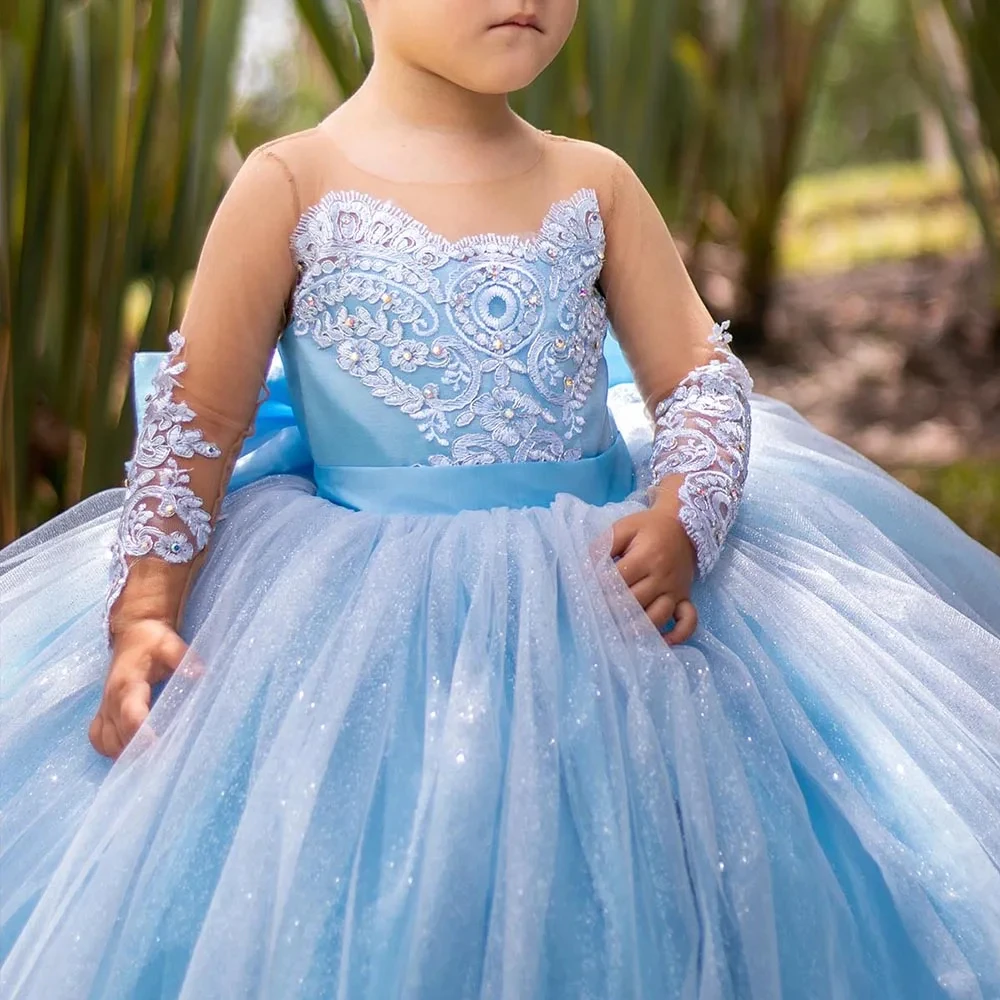 Robes de demoiselle d'honneur bleu ciel pour tout-petits, nœud perlé en tulle, manches longues, fête de mariage, robe de reconstitution historique d'anniversaire, robe de première communion