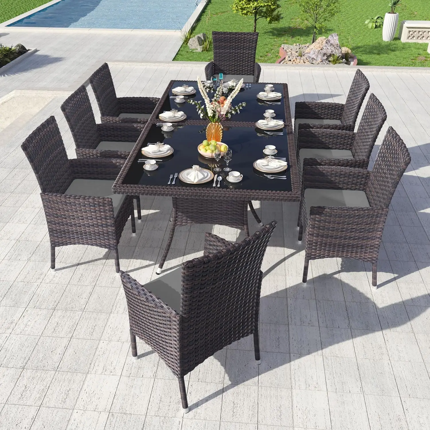 

Outdoor Dining Set,All-weather Wicker Table and Chairs Patio Furniture with Cushions,Square Glass Table Top with Umbrella Cutout