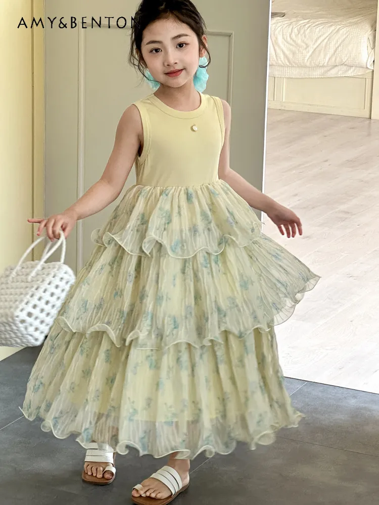 

Girls Summer 2026 New Korean Fashion Sleeveless Princess Dress Kids Floral Print O-neck Tulle Ruffle Trim Thin Cake Maxi Dress
