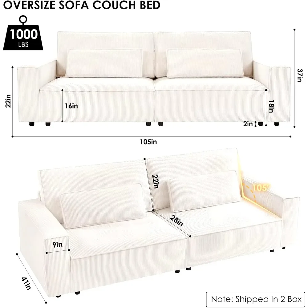 105In Modern Living Room White Sofa Couch with Extra Deep Love Seat & Fluffy Cushion & 2 Pillow, Comfy Corduroy Cloud Couc