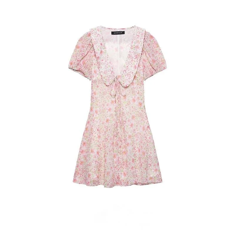 

Summer Women's Short Sleeve Dress Fashion Flower Print Elegant Round Lapel Women Sweet Leisure Vacation Dress Newest