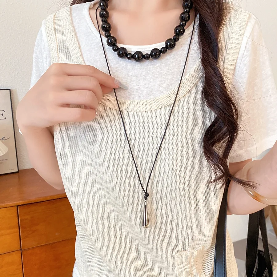 Double Layer Black Glossy Bead Choker Waterdrop Pendant Cord Sweater Minimalist Retro Necklace Women Casual Fashion Jewelry Gift