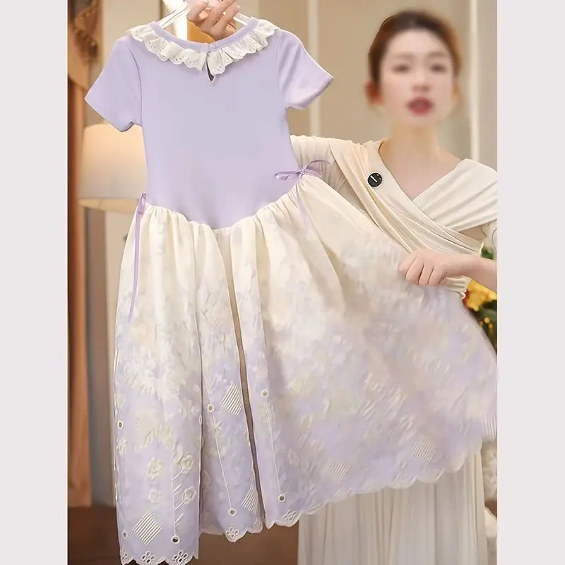 Girls Lace T-shirt Dress for Summer 2026 New Countryside Vacation Style Floral Beach Long Skirt Princess Dress