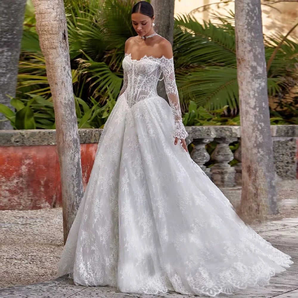 

Customized Glamorous Sweetheart Wedding Dresses For Woman Bridal Lacing Up A-LINE Lace Appliques Long Sleeves Bridal Gown