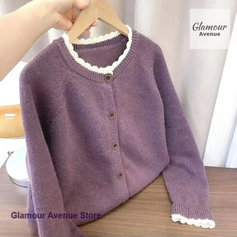 フレンチカラーマッチングレースニットカーディガンコートレディース秋冬新作ラウンドネックセータールーズ年齢軽減シックトップ