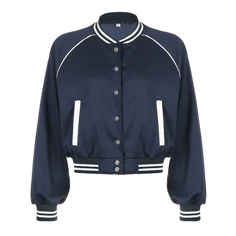 Baseball Jacket Color-Blocked Buttons American Sports And Casual Women'S Loose Versatile Lazy Top Autumn And Winter Style