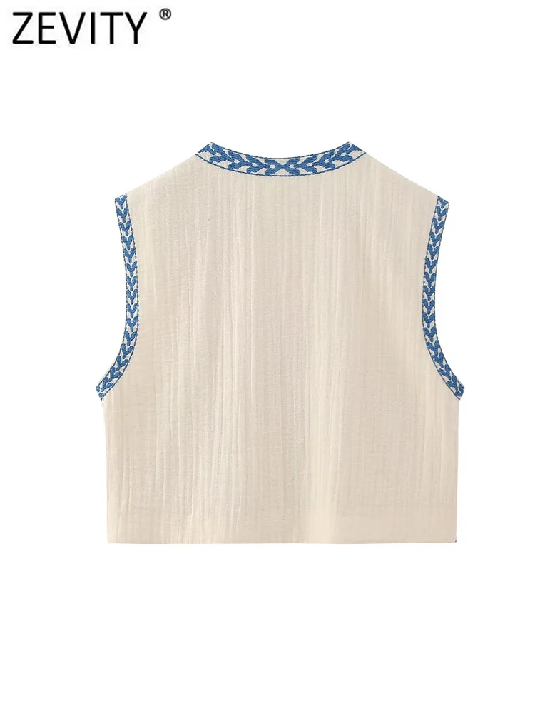 Zevity Vrouwen Nationale Mouwloze Positie Bloemenborduurwerk Kort Vest Jack Dames Nationale Stijl Casual Vest Tops Ct4110