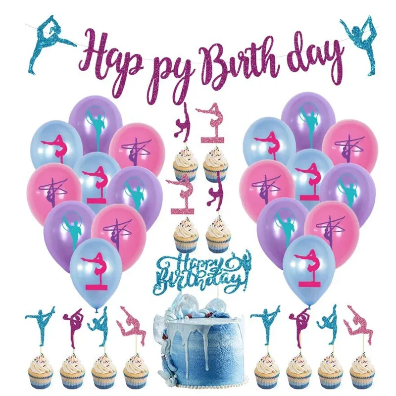 Gymnastics Theme Birthday Party Decoration Balloons Happy Birthday Banner Cake Topper Set Girl Sports Party Decoration Supplies