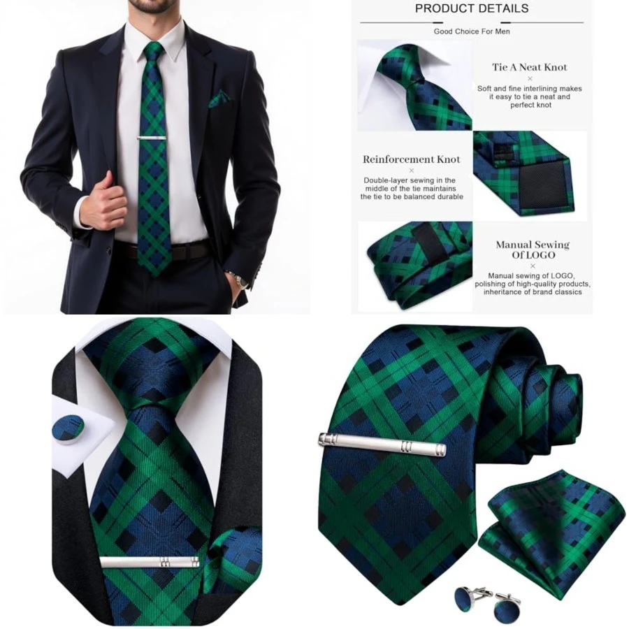 

Plaid Ties for Men Silk Checkered Necktie and Pocket Square Cufflinks Tie Clip Set with Gift Box for Wedding Business，Blue and Green